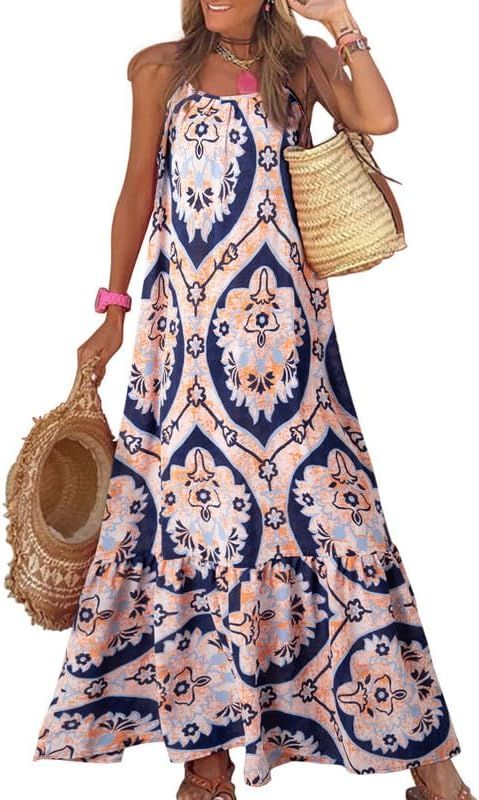 Dokotoo Women Summer Dresses 2024 Spaghetti Strap Scoop Neck Smocked Ruffle Flowy Boho Maxi Dress | Amazon (US)