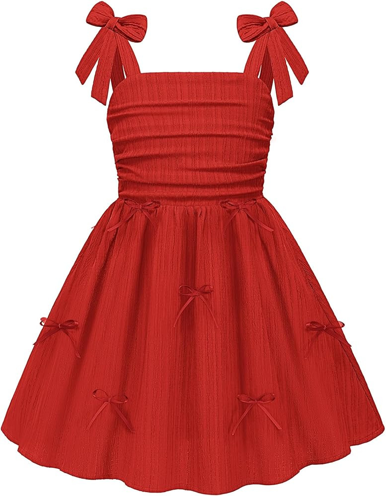 Arshiner Girls Dresses Ruched Smocked Back Spaghetti Strap Bow Summer Boho Beach Party Sundress | Amazon (US)