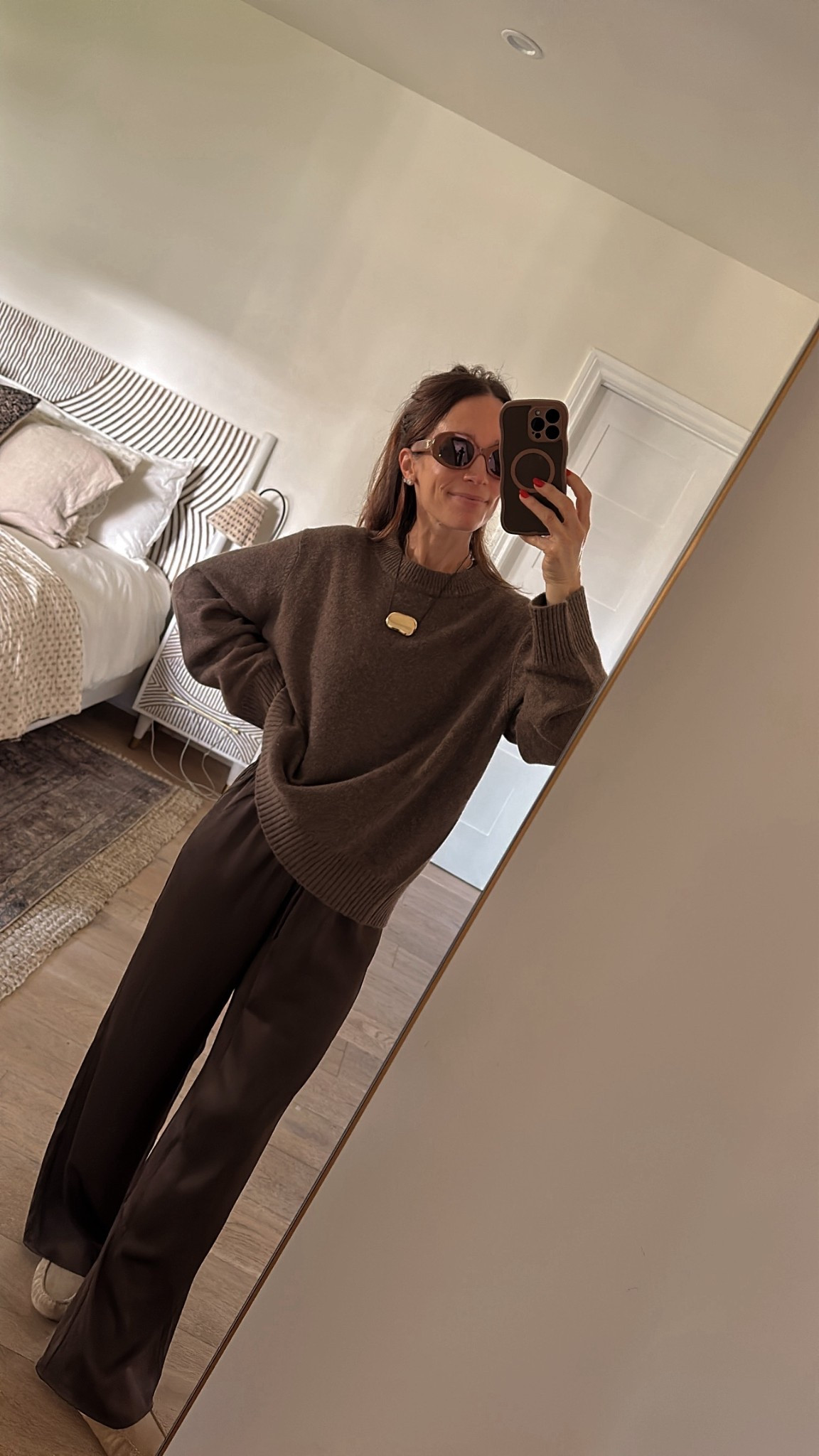 Today’s outfit
 Brown satin pants (had to have these hemmed about 1/2 an inch) 
Oversized cashmere sweater (went up a size for a roomier fit) 

#LTKPetite #LTKOver40