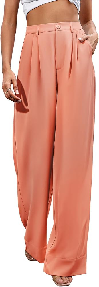 Kocowoo Women Casual Wide Leg Pants Orange Pants Black Tan Pants White Tee Outfit White Top Outfit | Amazon (US)