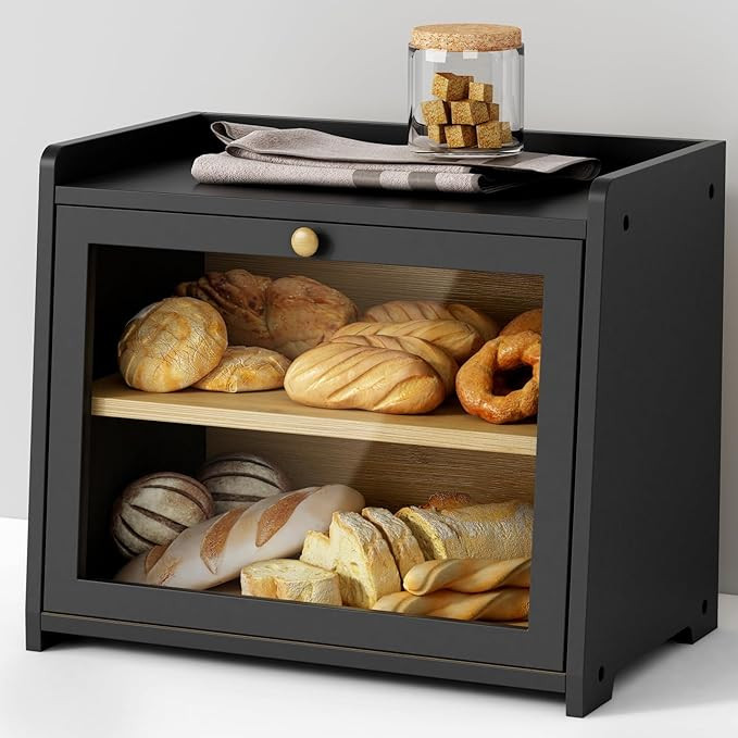 Black Bread Box for Kitchen Countertop, Large Bread Storage Container for Homemade Bread, Wood Fa... | Amazon (US)