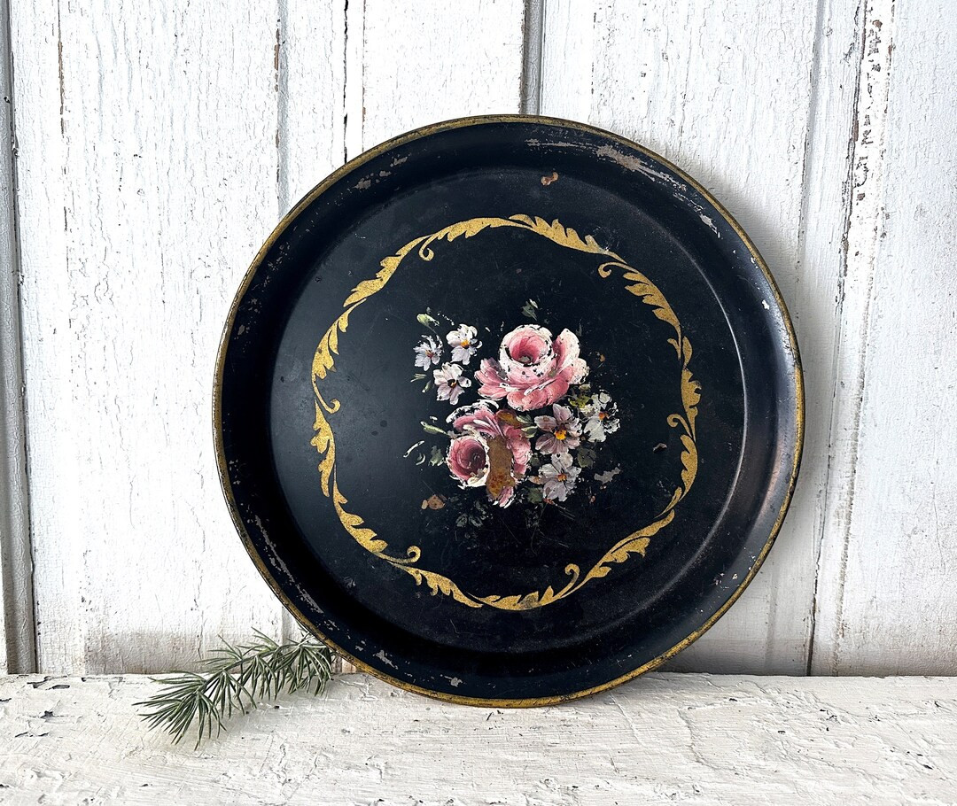 Vintage Tole Tray Serving Tray Hand Painted Black Wall Decor - Etsy | Etsy (US)