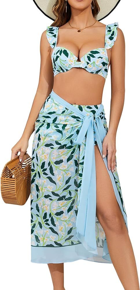 SHEKINI Women's 3 Piece Swimsuits with Cover Ups Beach Skirt Sarong Underwire Bikini Set High Wai... | Amazon (US)