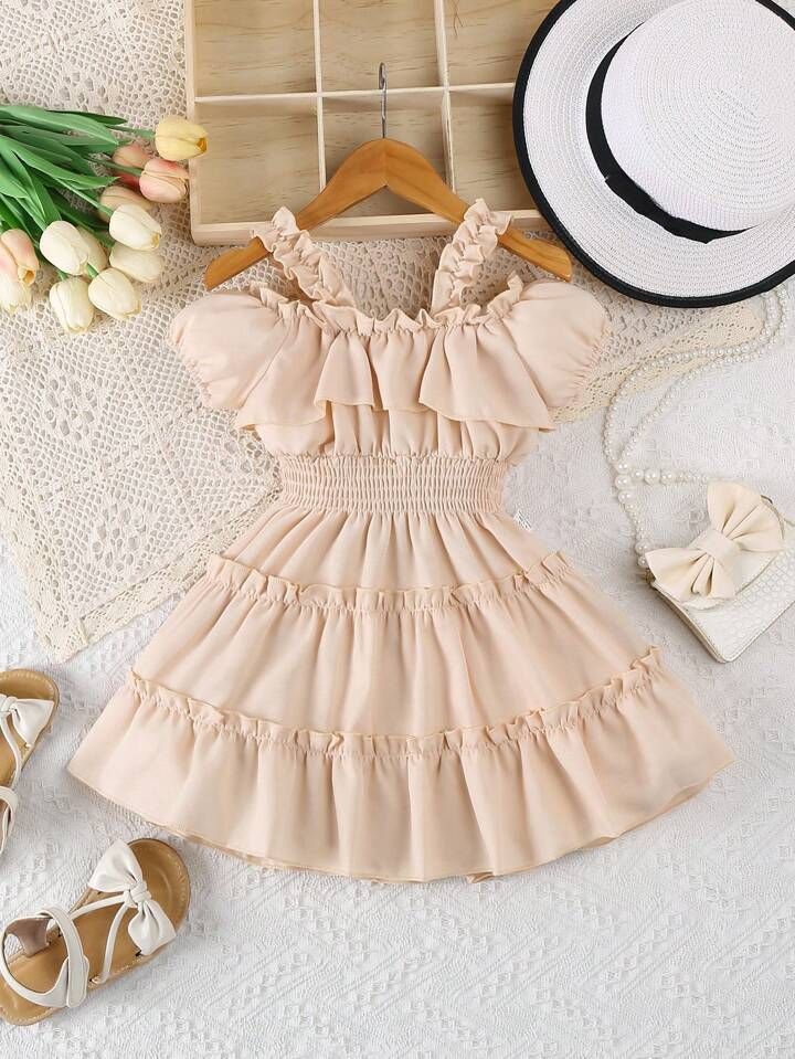 SHEIN Baby Girl Summer Solid Color Ruffle Shirred Waist Cute Dress | SHEIN