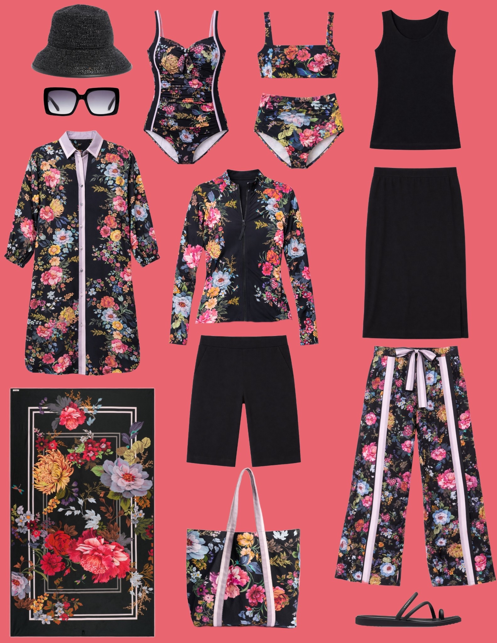 A size inclusive black and floral print vacation capsule wardrobe or just a way to elevate your pool look this summer with styles incorporating Johnny Was and other popular retailers with coordinated vacation beach looks. @Quince @shop_nordstrom @DSW 

#LTKSeasonal #LTKOver40 #LTKMidsize