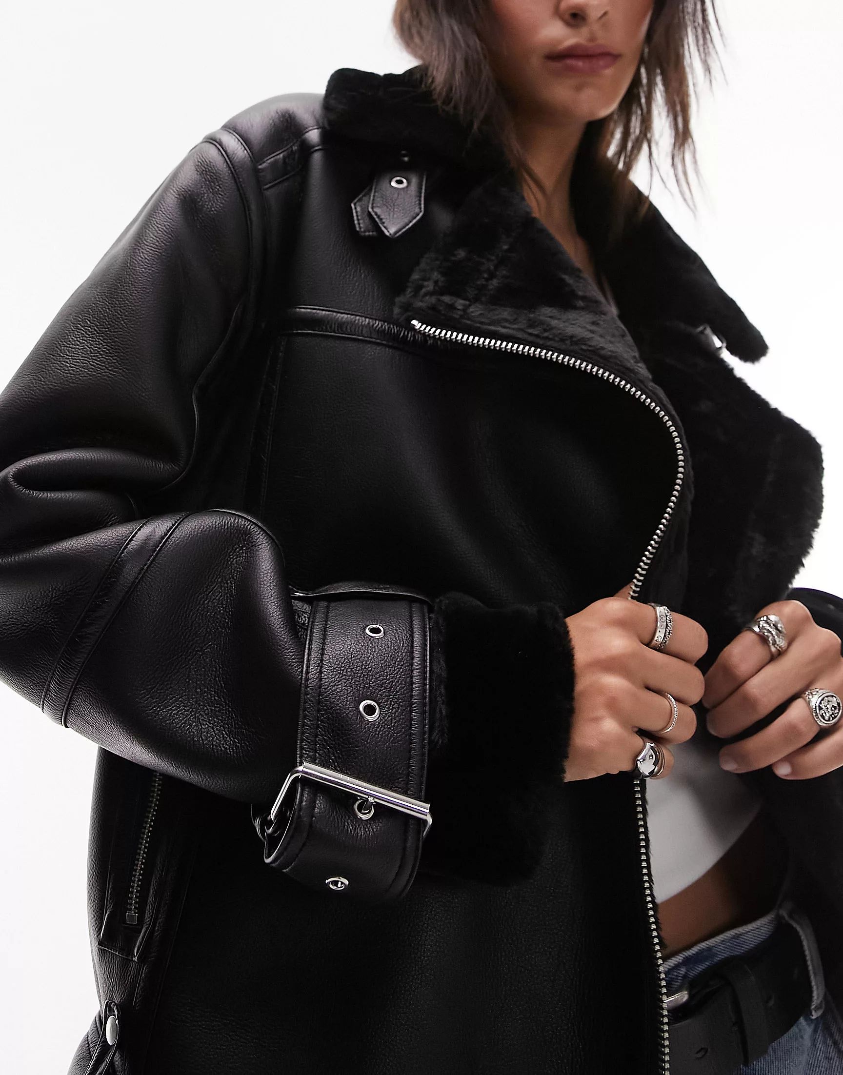 Topshop faux leather shearling oversized aviator biker jacket in black | ASOS (Global)