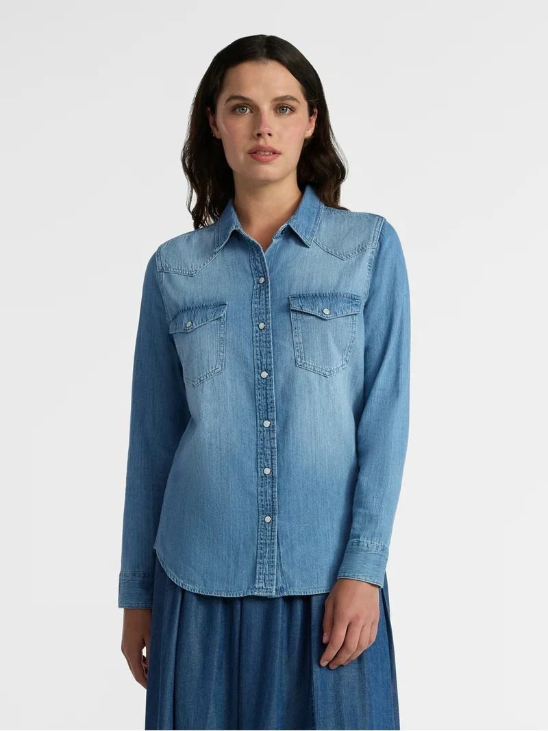 Time and Tru Women’s Lightweight Cotton Denim Shirt, Sizes XS-3XL - Walmart.com | Walmart (US)