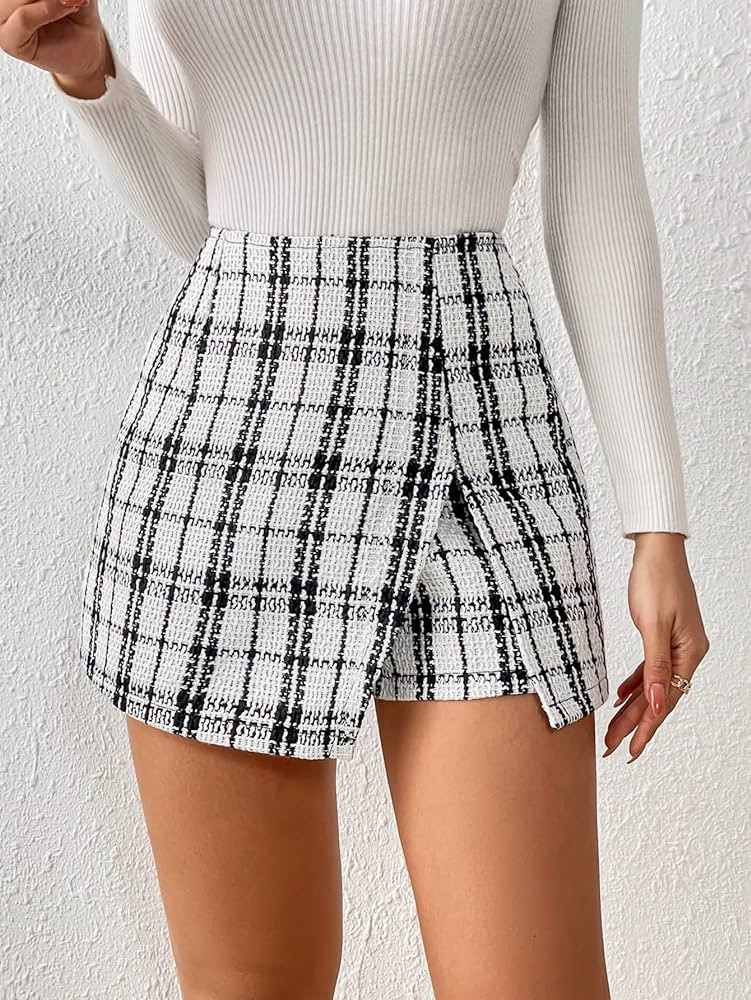 AYBAY Women's Shorts Plaid Pattern Zipper Back Tweed Skort Shorts (Color : Black and White, Size ... | Amazon (US)