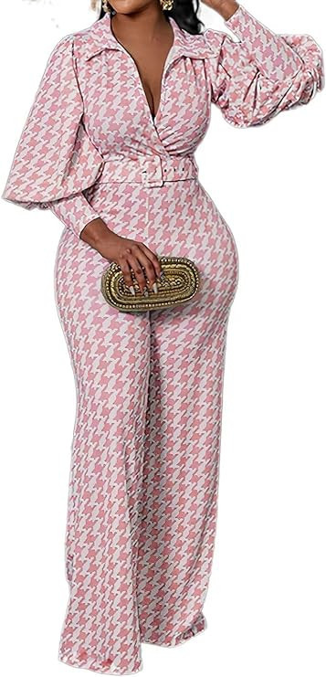 Flamingals Women's Houndstooth Print Belted Top & Pants Set Elegant Work Out Set | Amazon (US)