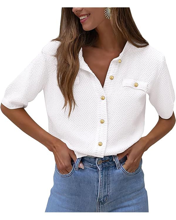 PRETTYGARDEN Women's Summer Button Down Shirts Casual Short Sleeve Crew Neck Ribbed Knit Blouse T... | Amazon (US)