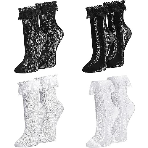 Womens Lace Ankle Socks Ruffle Frilly Dress Socks Sexy Mesh Lace Trim Lolita Sock Lacy Ruffled Bo... | Amazon (US)