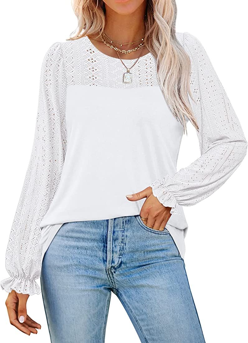 Kikula Women's Puff Long Sleeve T Shirts Casual Dressy Eyelet Crewneck Tunic Tops Blouse | Amazon (US)