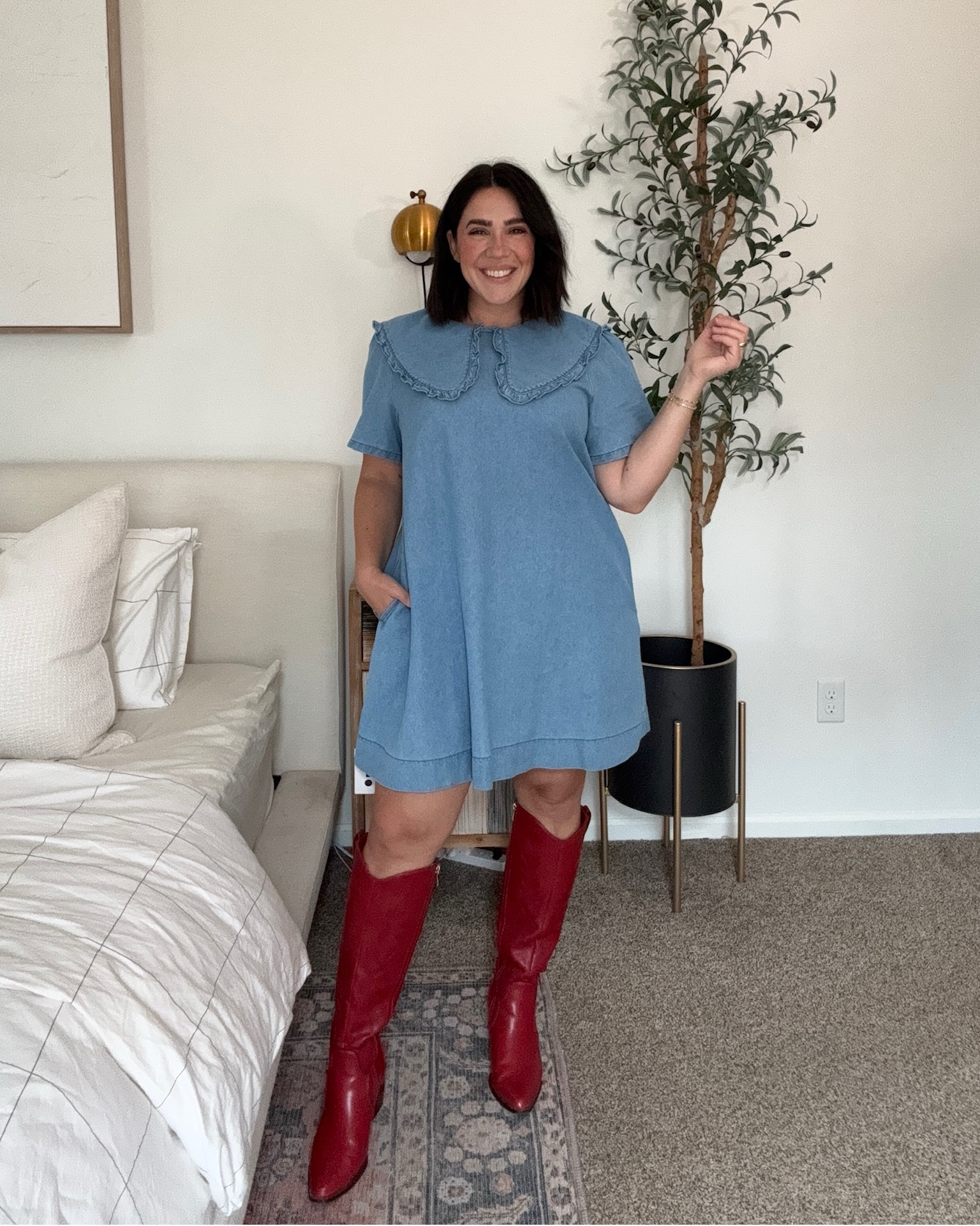 Styling this denim mini dress with a ruffled collar! So cute for a spring or summer country concert, Nashville, or festival! Cute spring outfit. 

Bloat friendly country concert outfit, festival outfit ideas, stagecoach outfit, denim dress, Nashville summer outfit, midsize 

#LTKSeasonal #LTKWatchNow #LTKStyleTip