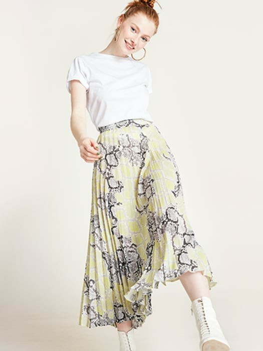Neon Yellow Reptile Pleated Midi Skirt | Nobody's Child