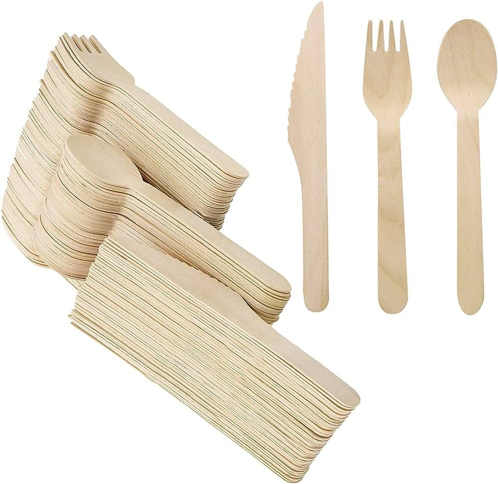 150 Pieces Disposable Wooden Cutlery Set - Biodegradable - 50 Wooden Forks, 50 Wooden Spoons, and... | Amazon (UK)