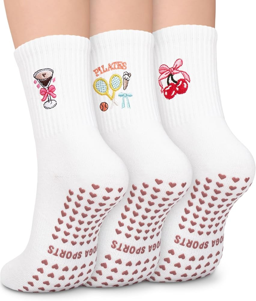 Pilates Socks for Women, Cute Non-Slip Grip Crew Socks for Yoga, Barre, Hospital, Barefoot Workou... | Amazon (US)
