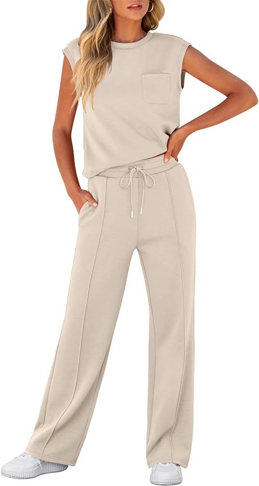 ANRABESS Women's Summer 2 Piece Outfits Casual Sleeveless Sweatsuits Matching Wide Leg Tracksuits... | Amazon (US)