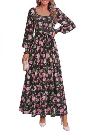 dowerme Women Fall Long Sleeve Boho Floral Maxi Dress,Black Pink Floral,M | Amazon (US)