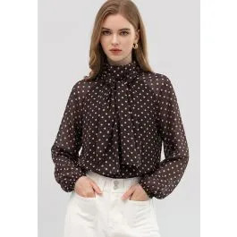 Polka Dot Tie-Sash High Neck Top in Brown for Weekend Picnics & Workdays | Chicwish