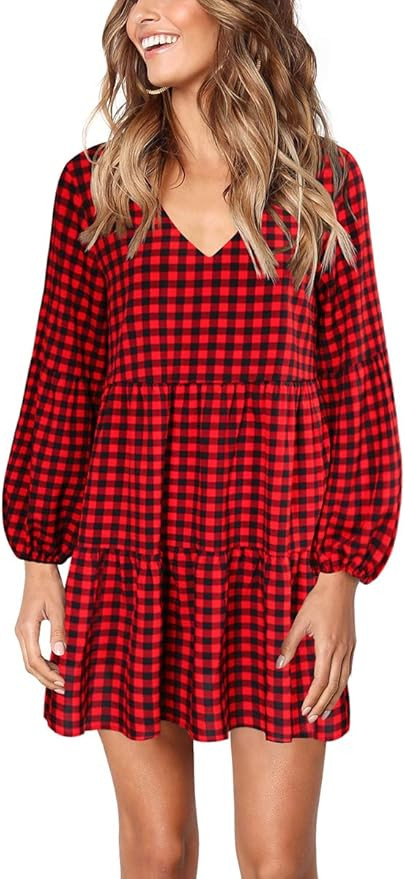 Cosonsen Womens Printed Swing Shift Dress Long Sleeve V Neck Tunic Dress | Amazon (US)