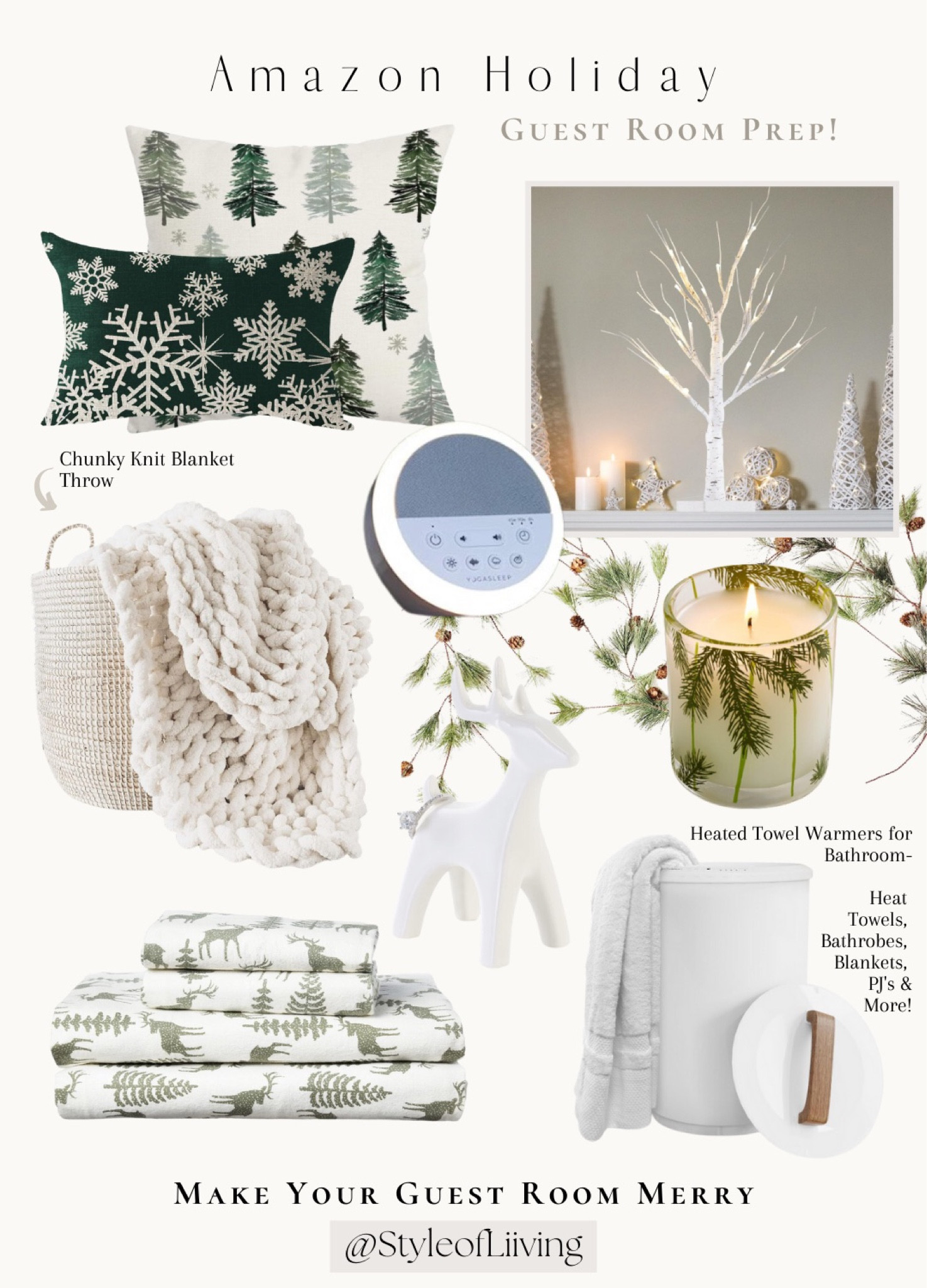 Create a cozy, merry guest bedroom for the holidays! Festive flannel bed sheets, pillow covers, chunky knit throw blankets, sound machine white noise night light, towel warmer for bathroom, Christmas smelling candles, reindeer ring holder. Amazon finds. Found it on Amazon. Amazon home.

#LTKHoliday #LTKfamily #LTKhome