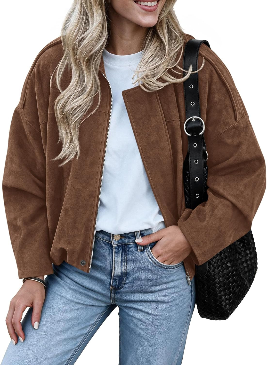 PRETTYGARDEN Faux Suede Jacket Women Fall Cropped Western Bomber Jacket | Amazon (US)