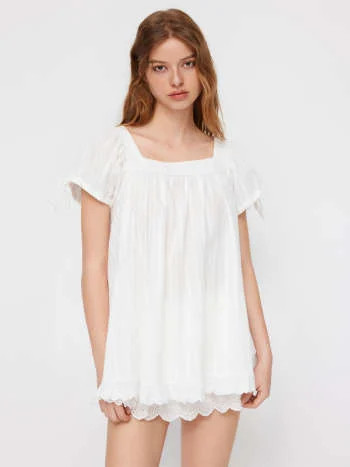 Square Neck Solid Ruffle Knotted Short Sleeve Blouse | Cider