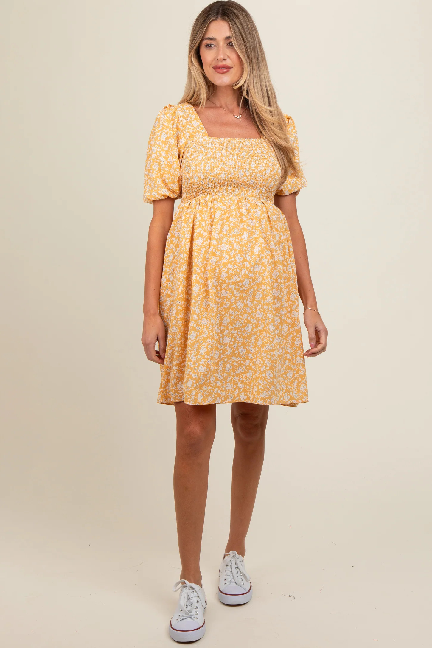 Yellow Floral Smocked Tie Back Maternity Dress | PinkBlush Maternity