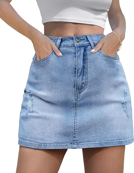 Women's Denim Mini Skort High Waisted Stretch Casual Jean Skirt Shorts 5 Pockets | Amazon (US)