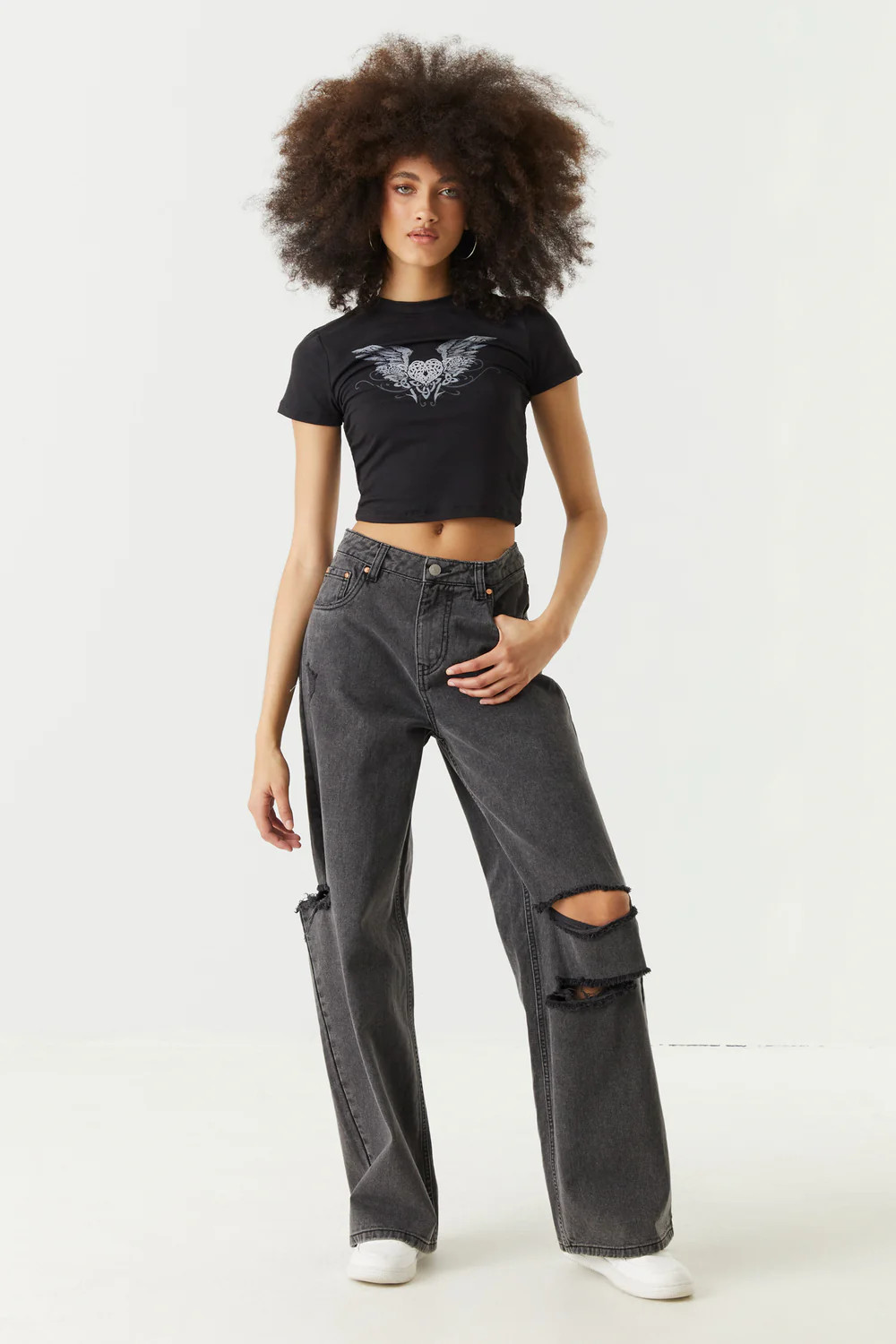 Refuge Ultra High-Rise Distressed Black Wash Loose Leg Jean | Charlotte Russe