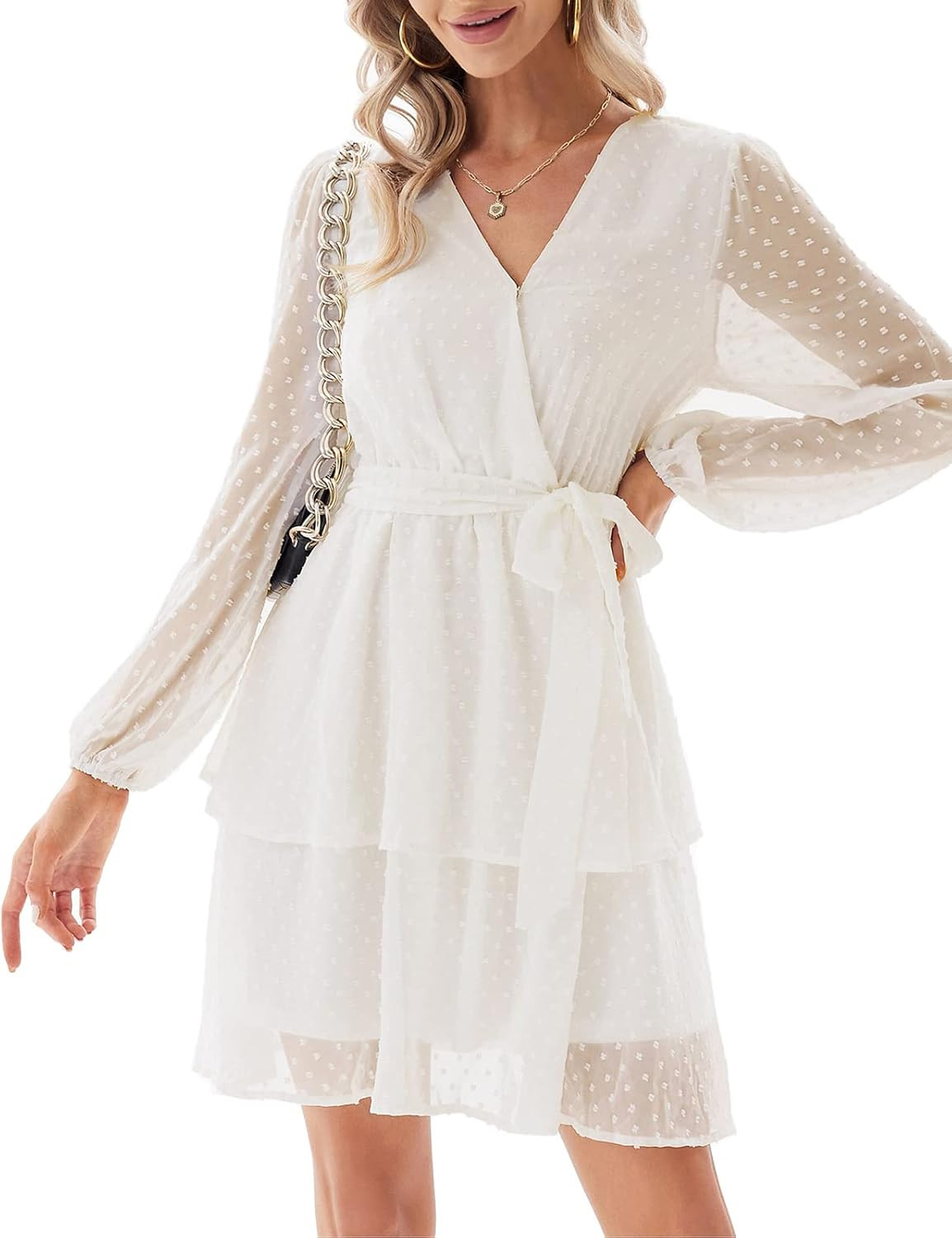 GRACE KARIN Women's Swiss Dot Dress Wrap V Neck Lantern Long Sleeve Cocktail Party Dress with Bel... | Amazon (US)