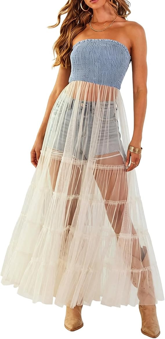 Women's Strapless Denim Tube Top Maxi Dress Smocked Sheer Tulle Mesh Tiered Long Boho Beach Sundr... | Amazon (US)