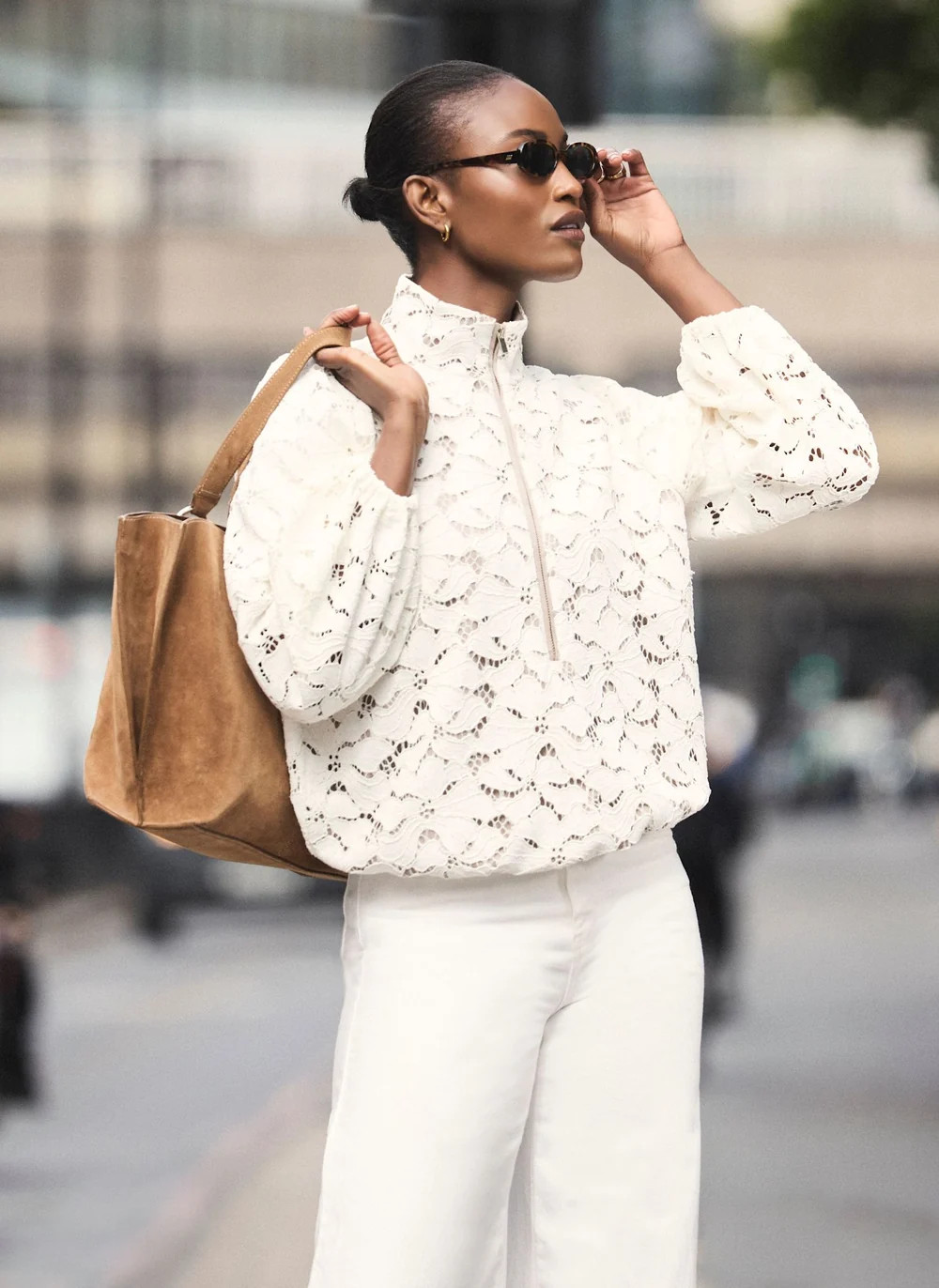 Cream Lace Half Zip Bomber Top | Mint Velvet - US