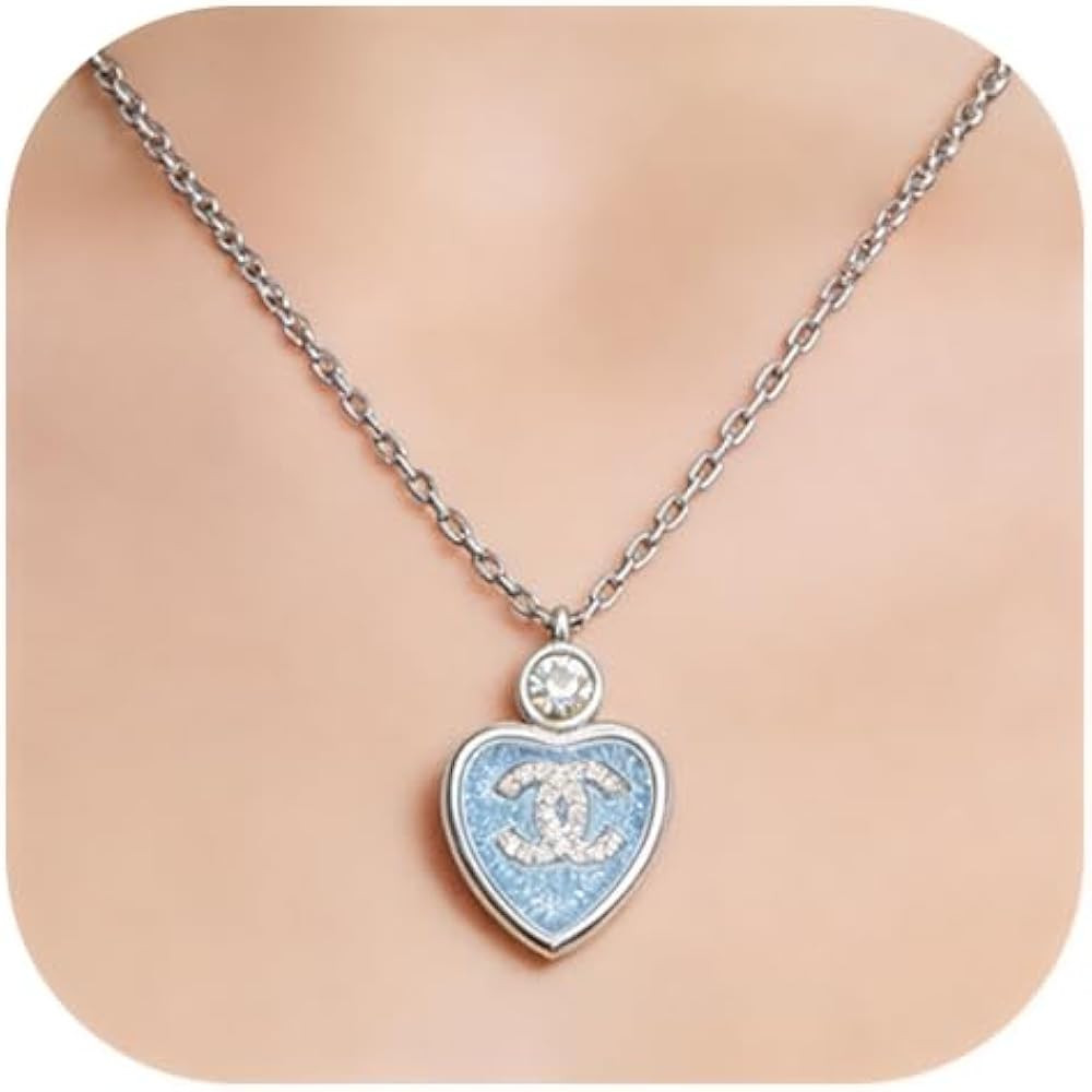 ivoler Designer Inspired Double Emblem Heart Pendant Necklace for Women, Blue Enamel Crystal Silv... | Amazon (US)