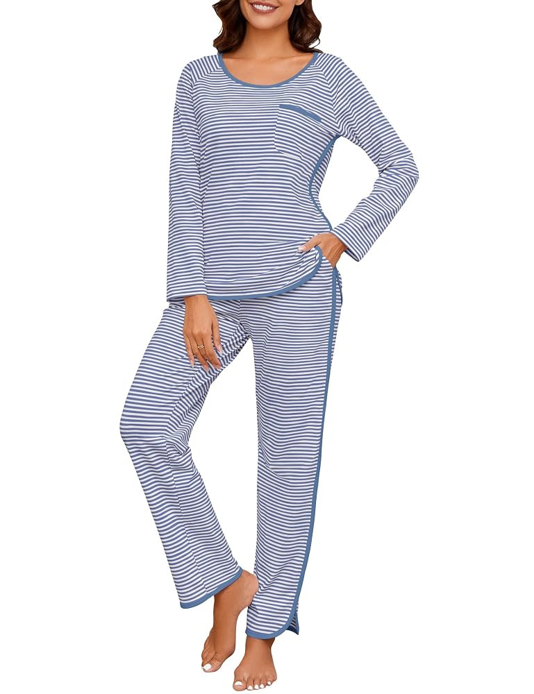Womens Cotton Pajama Sets Stripe 2 Piece Lounge Set Long Sleeve Comfy Pj Sets Fall Loungewear Sle... | Amazon (US)