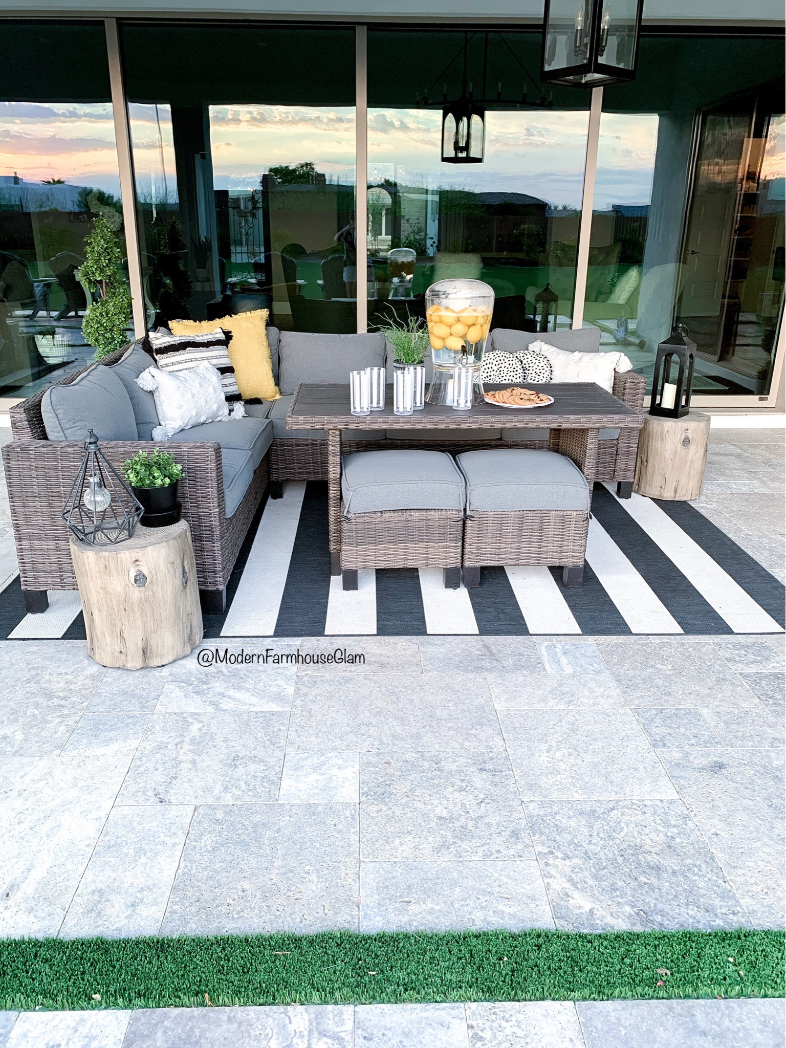 Patio furniture set at Modernfarmhouseglam 
Outdoor rug sofa couch table dining pillows cups beverage holder 

#LTKhome #LTKsalealert #LTKSeasonal