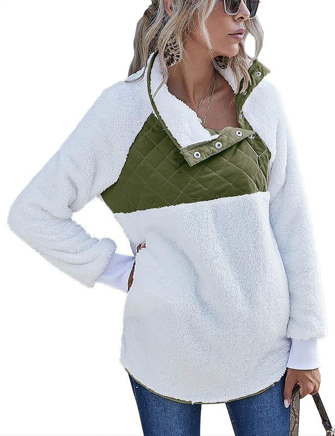 Romanstii Women Fleece Pullover Sweatshirt Oblique Button Neck Long Sleeve Warm Casual Coat Outwe... | Amazon (US)