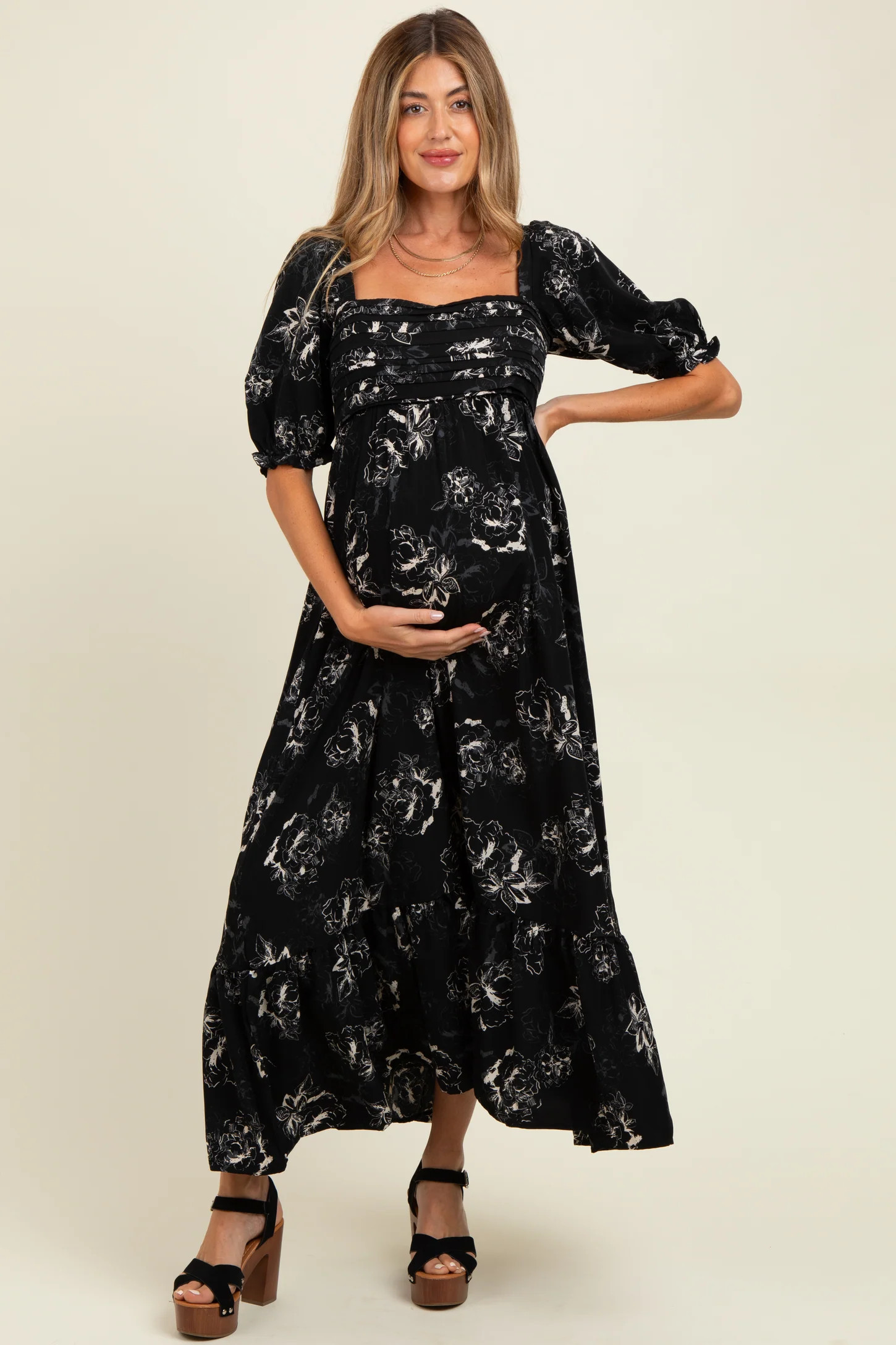 Black Rose Print Pleated Bodice Maternity Maxi Dress | PinkBlush Maternity