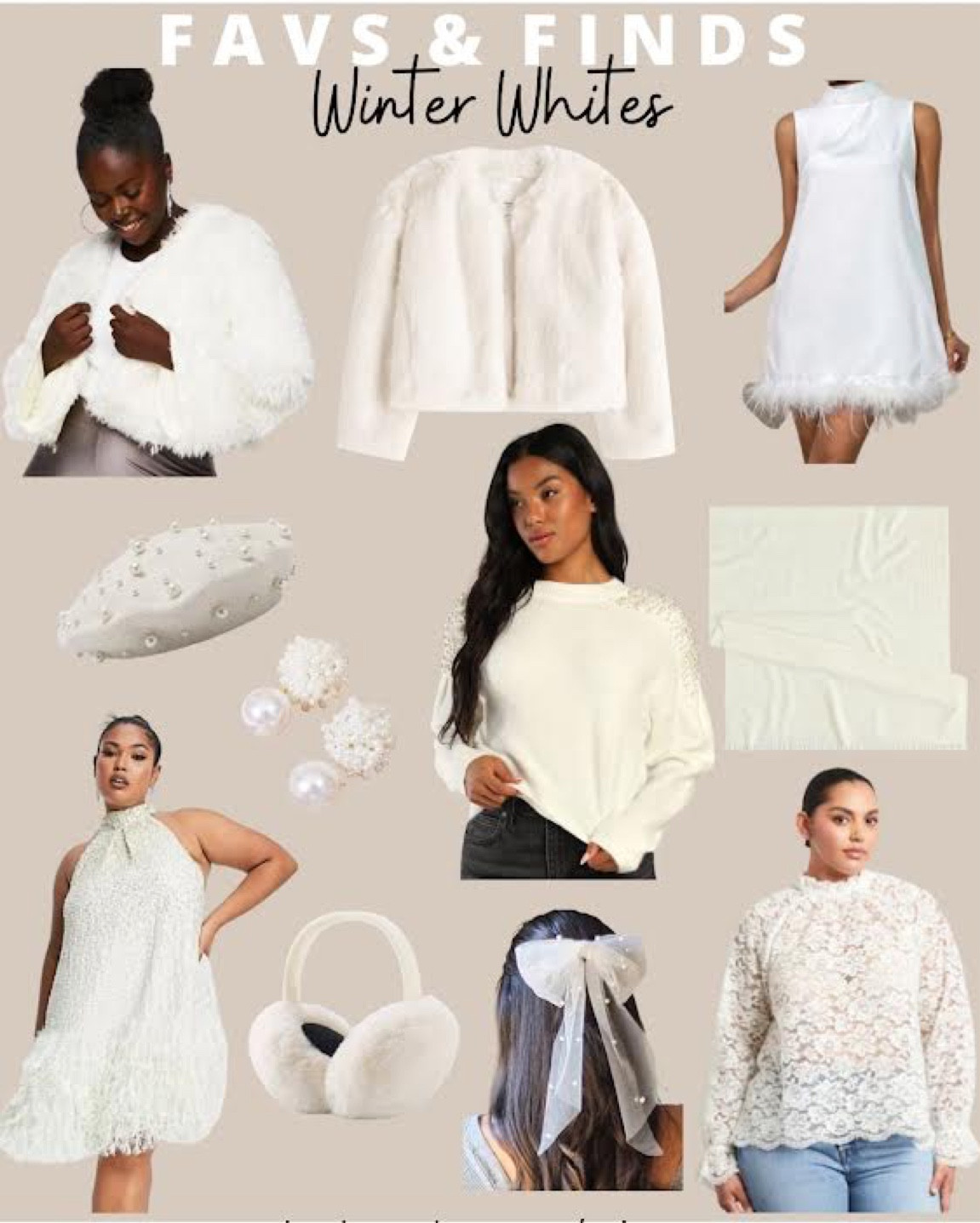 Winter whites: cropped furry jacket, halter dress with feather lining, pashmina, lace blouse, pearl hair bow, furry earmuffs, pearl drop earrings, pearl beret. Winter bride inspo

#LTKcurves #LTKSeasonal #LTKstyletip