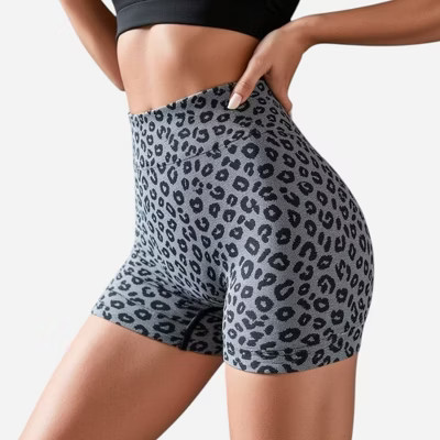 Anna-Kaci Active Women's Seamless Leopard Print Biker Shorts with High Waist and Scrunch Detail - Small, Gray | Target