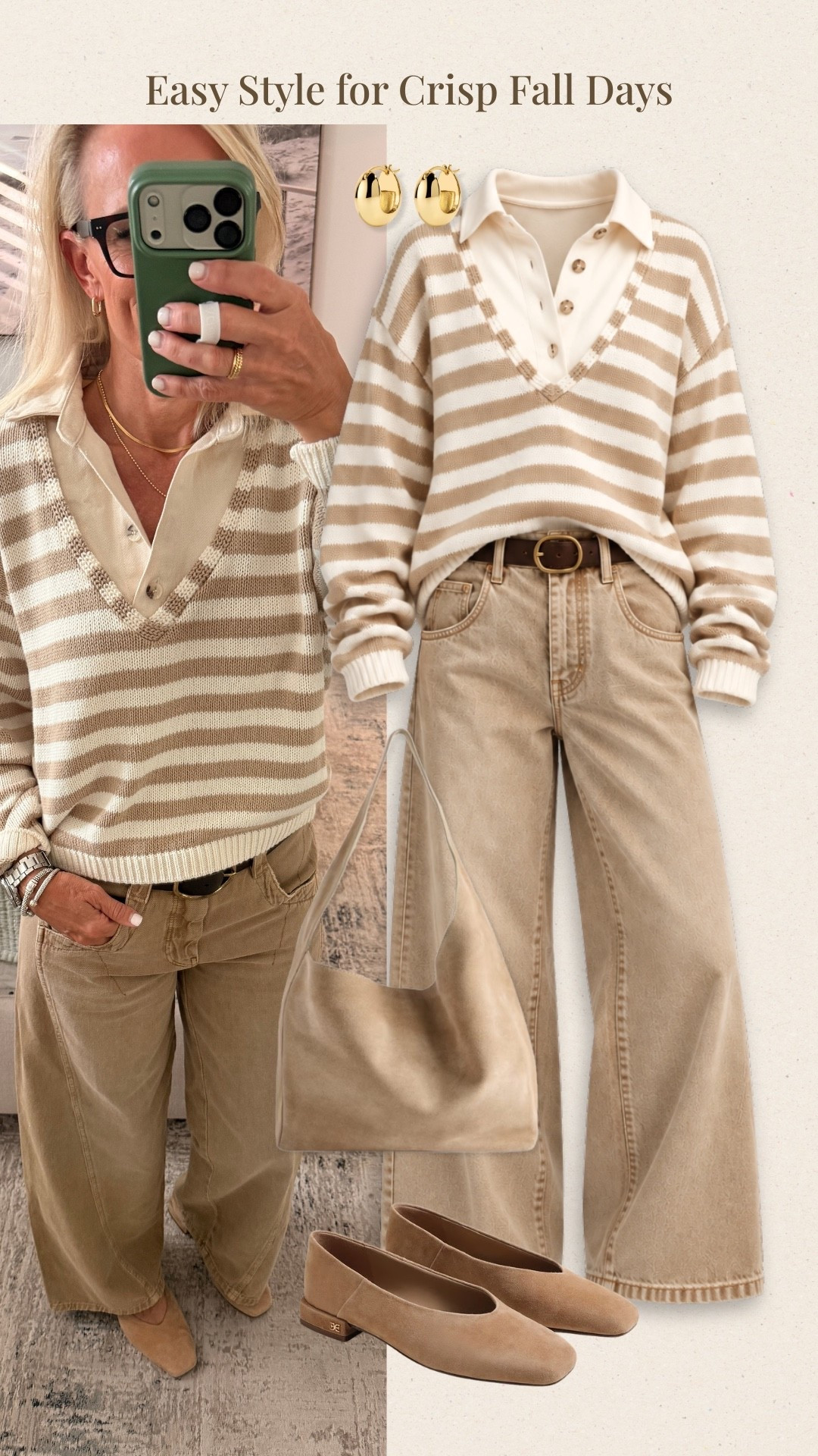 A striped neutral sweater layered over a cream button-down is such a lovely combination for crisp fall days. Paired with tan wide-leg pants, classic flats, and a soft neutral shoulder bag, it’s an easy, polished outfit for lunch dates, errands, or a casual day out.