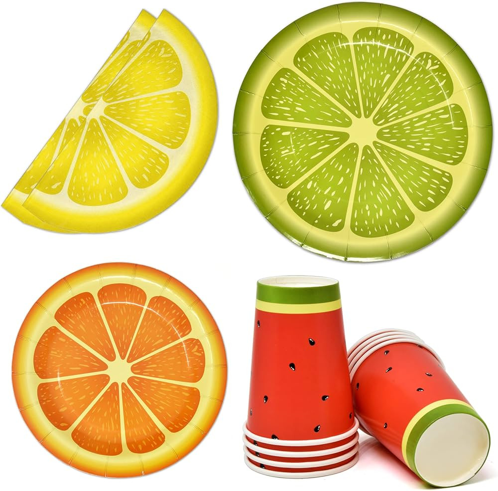 Gift Boutique 96 Pcs Tutti Fruity Party Supplies Set Paper Plate Cup Napkin for Citrus Fruit Lemo... | Amazon (US)