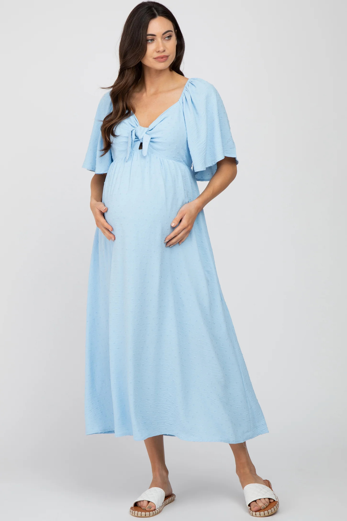 Light Blue Textured Dot Front Tie Ruffle Sleeve Maternity Midi Dress | PinkBlush Maternity