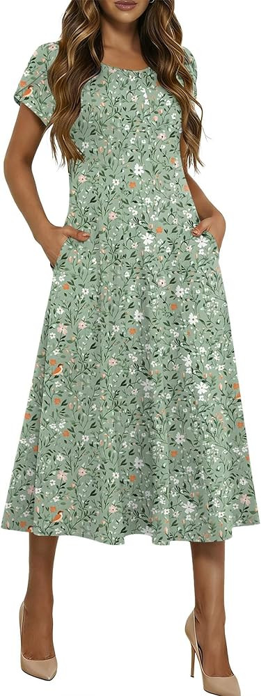 HOTOUCH Summer Dresses for Women 2026 Casual Midi Dress Petal Short Sleeve A Line Dress Pleated F... | Amazon (US)