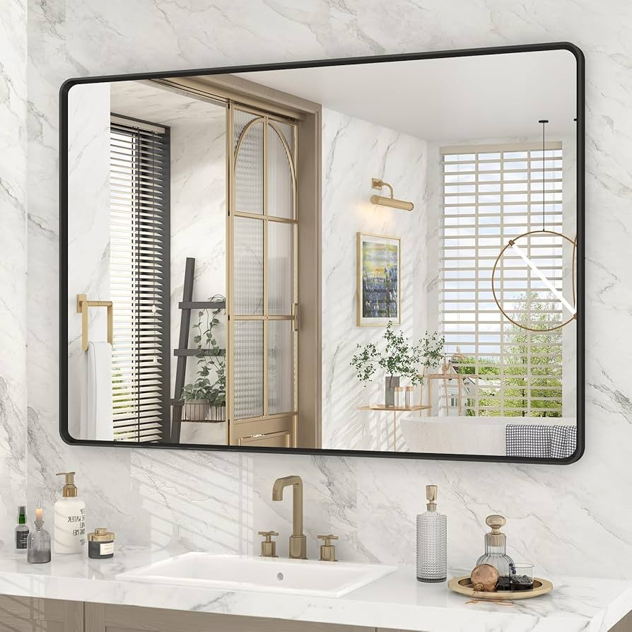 OKPAL 44X30 Inch Black Bathroom Mirror for Wall, Bathroom Vanity Frame Mirror, Matte Black Rectan... | Amazon (US)