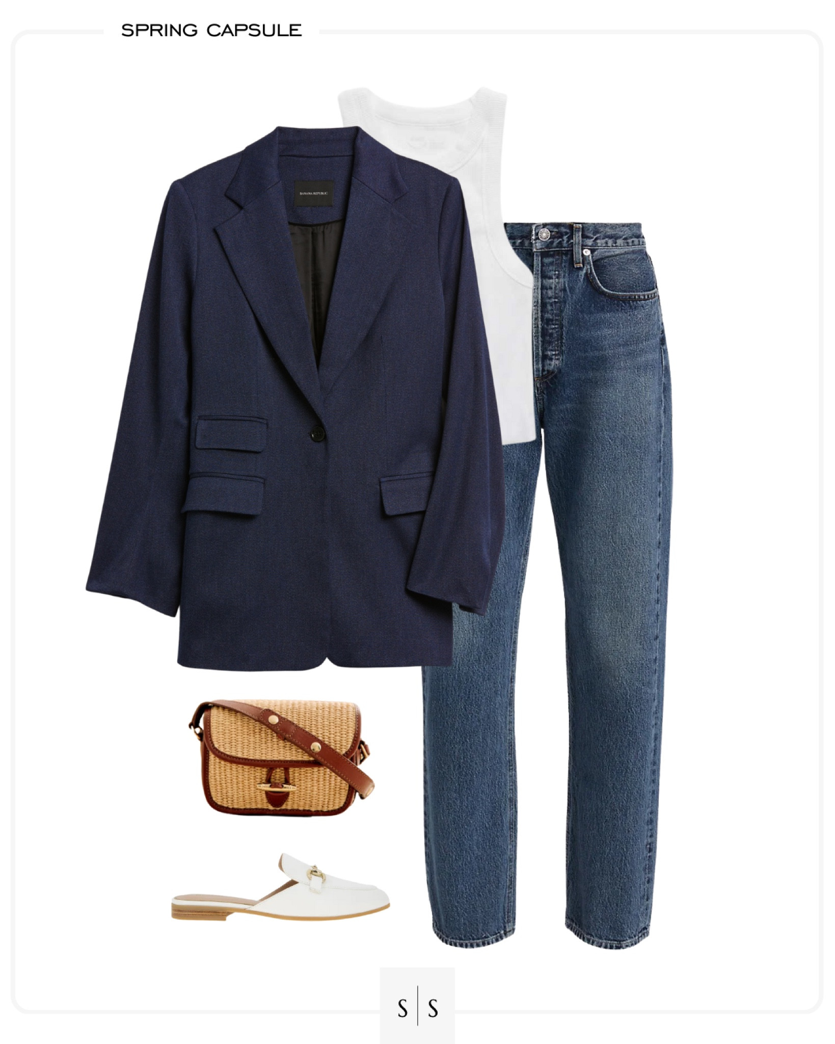 Ways to wear a navy suit blazer jacket | straight jeans, high neck tank, raffia crossbody, mules. See more ways to style capsule items on thesarahstories.com ✨ Spring outfit idea

#LTKFind #LTKstyletip