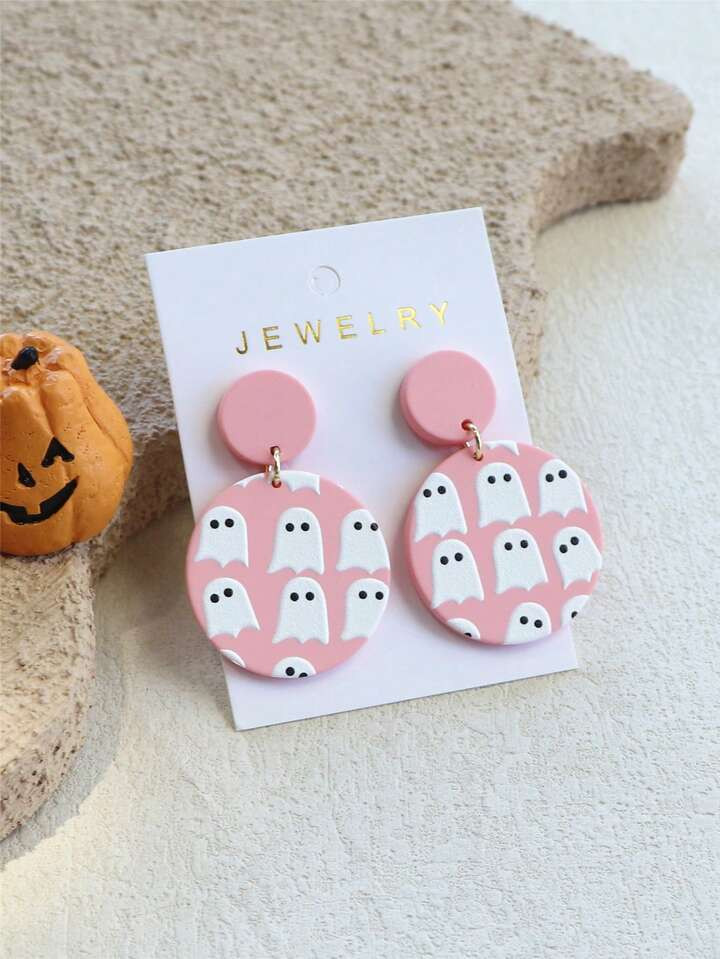 1 Pair Women's Halloween Pink Ghost Haunting Spooky Print Acrylic Long Earrings, Ceramic Texture,... | SHEIN