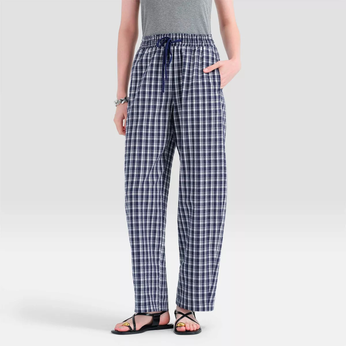 Women's High-Rise Barrel Leg Pants - Universal Thread\u2122 Navy/White Plaid XXL | Target