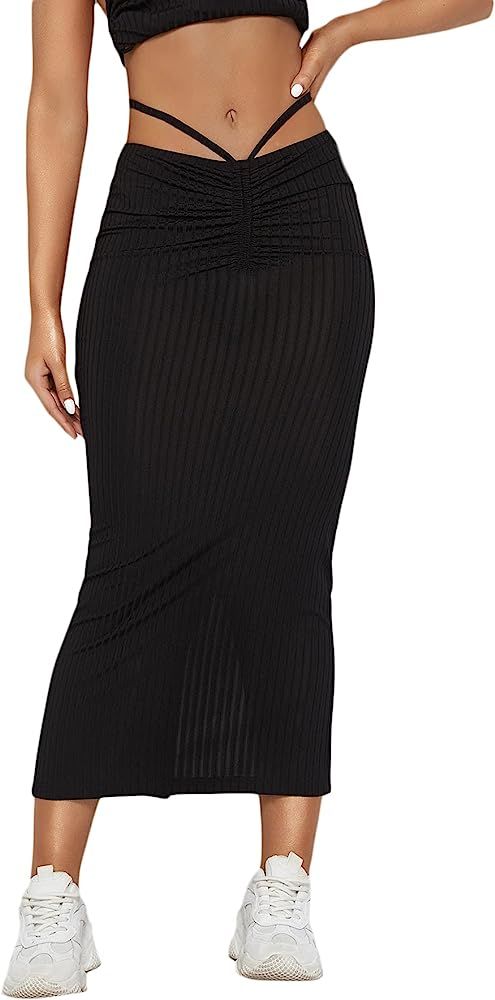 SheIn Women's Ruched Drawstring Tie Waist Split Bodycon Pencil Ribbed Maxi Skirt | Amazon (US)