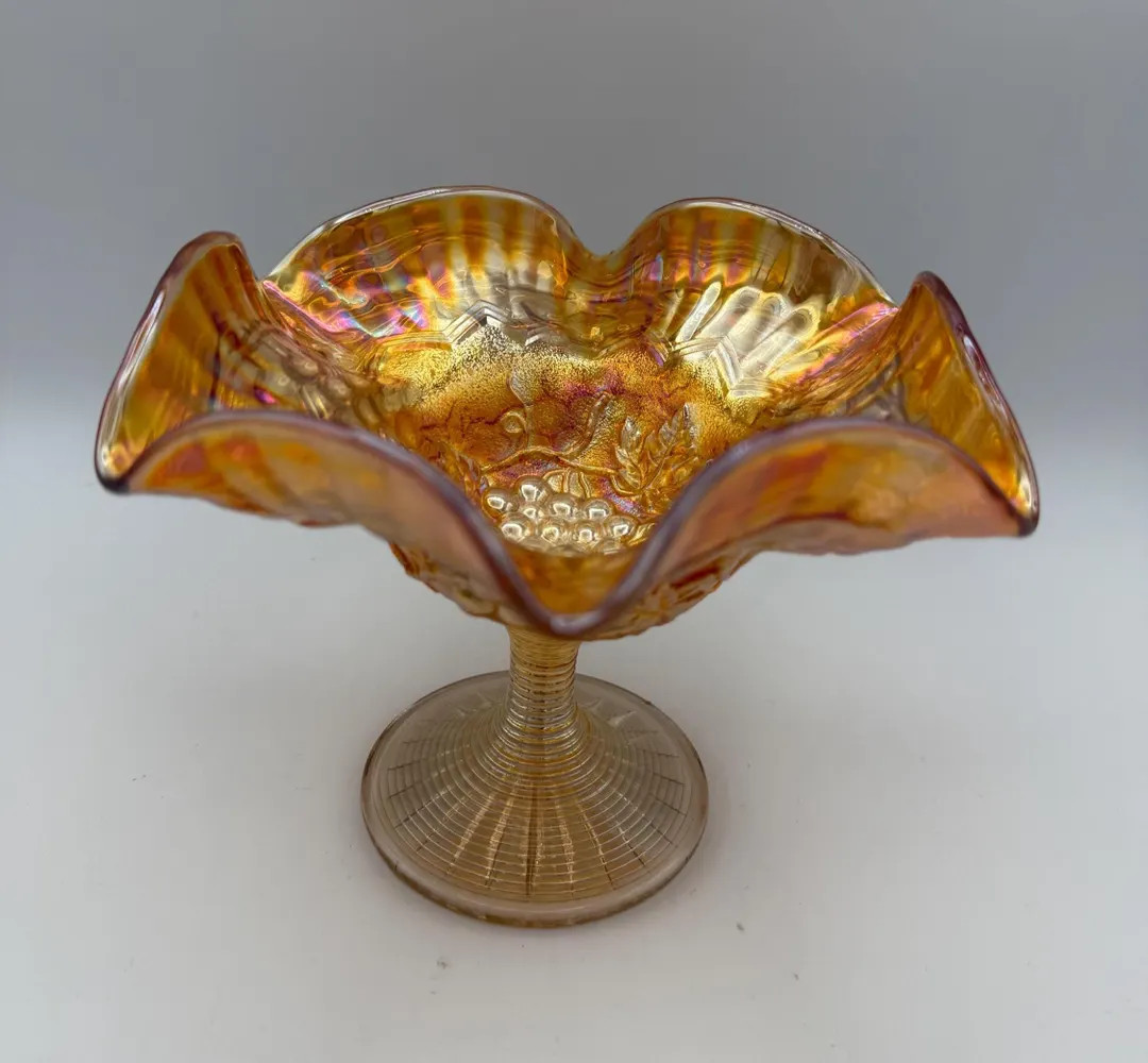 Vintage Iridescent Marigold Carnival Glass  Footed Compote - Ruffled "Grape & Leaf" Pattern - MCM... | Etsy (US)